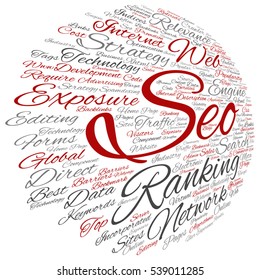 Vector concept or conceptual search engine optimization, seo abstract word cloud isolated on background metaphor to marketing, web, internet, strategy, online, rank, result,  network, top, relevance