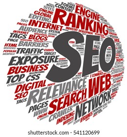 Vector concept or conceptual search engine optimization, seo abstract word cloud isolated on background metaphor to marketing, web, internet, strategy, online, rank, result,  network, top, relevance