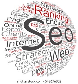 Vector concept or conceptual search engine optimization, seo abstract word cloud isolated on background metaphor to marketing, web, internet, strategy, online, rank, result,  network, top, relevance