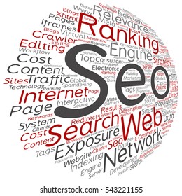 Vector concept or conceptual search engine optimization, seo abstract word cloud isolated on background metaphor to marketing, web, internet, strategy, online, rank, result,  network, top, relevance