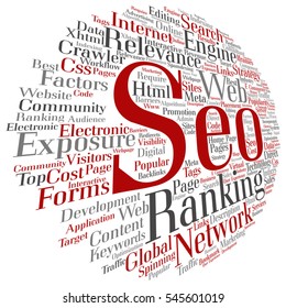 Vector concept or conceptual search engine optimization, seo abstract word cloud isolated on background metaphor to marketing, web, internet, strategy, online, rank, result,  network, top, relevance