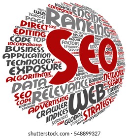 Vector concept or conceptual search engine optimization, seo abstract word cloud isolated on background metaphor to marketing, web, internet, strategy, online, rank, result,  network, top, relevance