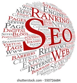 Vector concept or conceptual search engine optimization, seo abstract word cloud isolated on background metaphor to marketing, web, internet, strategy, online, rank, result,  network, top, relevance