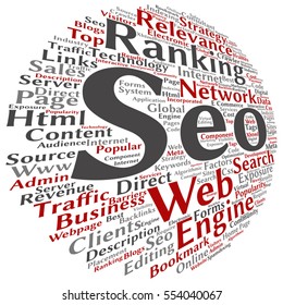 Vector concept or conceptual search engine optimization, seo abstract word cloud isolated on background metaphor to marketing, web, internet, strategy, online, rank, result,  network, top, relevance
