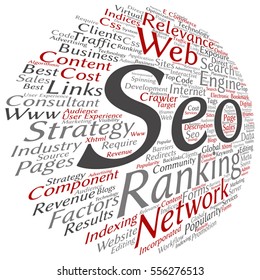 Vector concept or conceptual search engine optimization, seo abstract word cloud isolated on background metaphor to marketing, web, internet, strategy, online, rank, result,  network, top, relevance