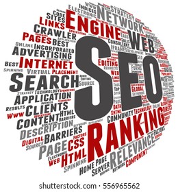 Vector concept or conceptual search engine optimization, seo abstract word cloud isolated on background metaphor to marketing, web, internet, strategy, online, rank, result,  network, top, relevance