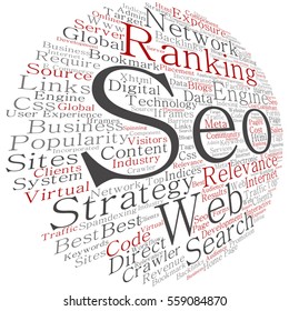 Vector concept or conceptual search engine optimization, seo abstract word cloud isolated on background metaphor to marketing, web, internet, strategy, online, rank, result,  network, top, relevance