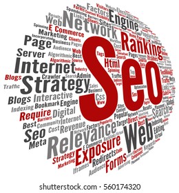 Vector concept or conceptual search engine optimization, seo abstract word cloud isolated on background metaphor to marketing, web, internet, strategy, online, rank, result,  network, top, relevance
