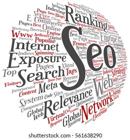 Vector concept or conceptual search engine optimization, seo abstract word cloud isolated on background metaphor to marketing, web, internet, strategy, online, rank, result,  network, top, relevance