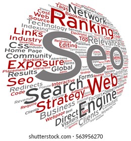 Vector concept or conceptual search engine optimization, seo abstract word cloud isolated on background metaphor to marketing, web, internet, strategy, online, rank, result,  network, top, relevance