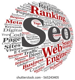 Vector concept or conceptual search engine optimization, seo abstract word cloud isolated on background metaphor to marketing, web, internet, strategy, online, rank, result,  network, top, relevance