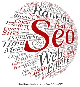 Vector concept or conceptual search engine optimization, seo abstract word cloud isolated on background metaphor to marketing, web, internet, strategy, online, rank, result,  network, top, relevance