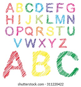 Vector concept or conceptual set or collection of colorful handwritten, sketch or scribble fonts isolated on white background, metaphor to school, education, childhood, artistic, graffiti or children