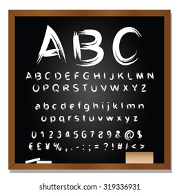 Concepto vectorial o conjunto conceptual o colección de fuentes manuscritas, esbozadas o grabadas en negro aisladas en el fondo negro de la pizarra