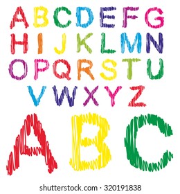 Vector concept or conceptual set or collection of colorful handwritten, sketch or scribble fonts isolated on white background metaphor to school, education, childhood, artistic, graffiti or children