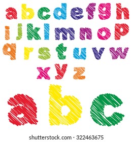 Vector concept or conceptual set or collection of colorful handwritten, sketch or scribble fonts isolated on white background, metaphor to school, education, childhood, artistic, graffiti or children