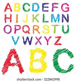 Vector concept or conceptual set or collection of colorful handwritten, sketch or scribble fonts isolated on white background, metaphor to school, education, childhood, artistic, graffiti or children