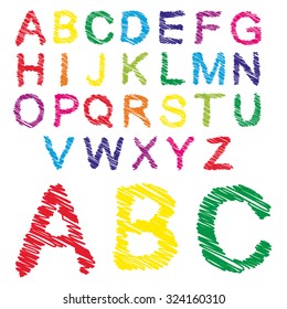 Vector concept or conceptual set or collection of colorful handwritten, sketch or scribble fonts isolated on white background, metaphor to school, education, childhood, artistic, graffiti or children