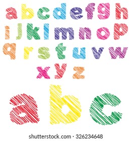 Vector concept or conceptual set or collection of colorful handwritten, sketch or scribble fonts isolated on white background, metaphor to school, education, childhood, artistic, graffiti or children