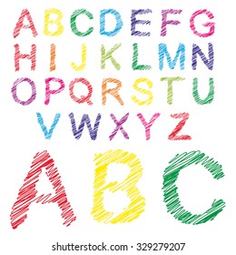 Vector concept or conceptual set or collection of colorful handwritten, sketch or scribble fonts isolated on white background, metaphor to school, education, childhood, artistic, graffiti or children