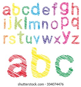 Vector concept or conceptual set or collection of colorful handwritten, sketch or scribble fonts isolated on white background, metaphor to school, education, childhood, artistic, graffiti or children