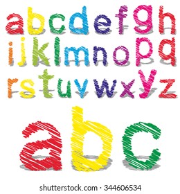 Vector concept or conceptual set or collection of colorful handwritten, sketch or scribble fonts isolated on white background, metaphor to school, education, childhood, artistic, graffiti or children