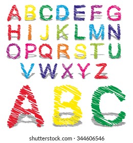 Vector concept or conceptual set or collection of colorful handwritten, sketch or scribble fonts isolated on white background, metaphor to school, education, childhood, artistic, graffiti or children