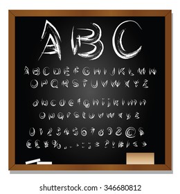 Vector concept or conceptual set or collection of white handwritten, sketch or scribble fonts isolated on blackboard black background, metaphor to school, education, childhood, artistic or children