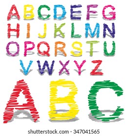 Vector concept or conceptual set or collection of colorful handwritten, sketch or scribble fonts isolated on white background, metaphor to school, education, childhood, artistic, graffiti or children