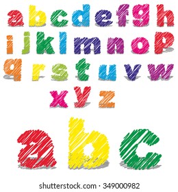 Vector concept or conceptual set or collection of colorful handwritten, sketch or scribble fonts isolated on white background, metaphor to school, education, childhood, artistic, graffiti or children