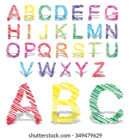 Vector concept or conceptual set or collection of colorful handwritten, sketch or scribble fonts isolated on white background, metaphor to school, education, childhood, artistic, graffiti or children