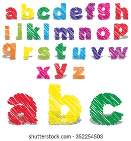 Vector concept or conceptual set or collection of colorful handwritten, sketch or scribble fonts isolated on white background, metaphor to school, education, childhood, artistic, graffiti or children