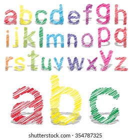 Vector concept or conceptual set or collection of colorful handwritten, sketch or scribble fonts isolated on white background, metaphor to school, education, childhood, artistic, graffiti or children