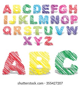 Vector concept or conceptual set or collection of colorful handwritten, sketch or scribble fonts isolated on white background, metaphor to school, education, childhood, artistic, graffiti or children