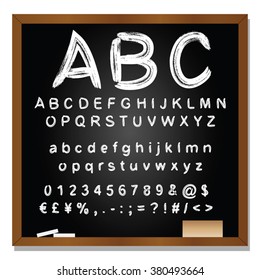 Vector concept or conceptual set or collection of white handwritten, sketch or scribble fonts isolated on blackboard black background, metaphor to school, education, childhood, artistic or children