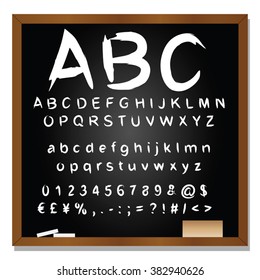 Concepto vectorial o conjunto conceptual o colección de letras blancas manuscritas, bocetos o garabatos aislados en el fondo negro de la pizarra, metáfora a la escuela, la educación, la infancia, el arte o los niños