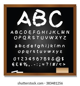 Concepto vectorial o conjunto conceptual o colección de letras blancas manuscritas, bocetos o garabatos aislados en el fondo negro de la pizarra, metáfora a la escuela, la educación, la infancia, el arte o los niños