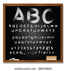 Concepto vectorial o conjunto conceptual o colección de letras blancas manuscritas, bocetos o garabatos aislados en el fondo negro de la pizarra, metáfora a la escuela, la educación, la infancia, el arte o los niños