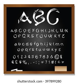 Vector concept or conceptual set or collection of white handwritten, sketch or scribble fonts isolated on blackboard black background, metaphor to school, education, childhood, artistic or children