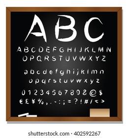 Vector concept or conceptual set or collection of white handwritten, sketch or scribble fonts isolated on blackboard black background, metaphor to school, education, childhood, artistic or children