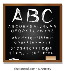 Vector concept or conceptual set or collection of white handwritten, sketch or scribble fonts isolated on blackboard black background, metaphor to school, education, childhood, artistic or children