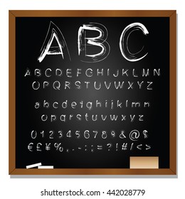 Vector concept or conceptual set or collection of white handwritten, sketch or scribble fonts isolated on blackboard black background, metaphor to school, education, childhood, artistic or children