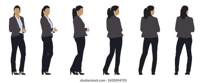 Vector concept or conceptual  silhouette of a businesswoman from different perspectives isolated on white background. A metaphor for success, education,  business, confidence, leadership and vision