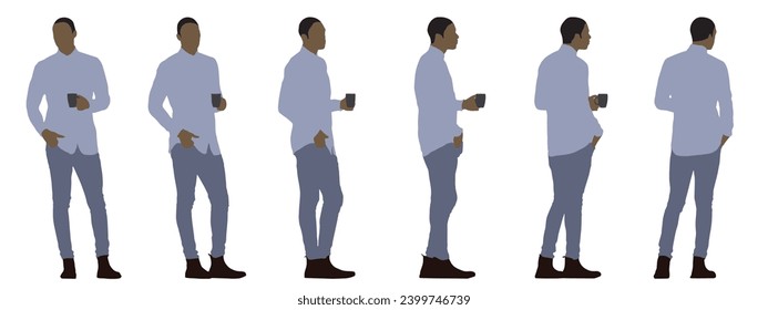 Vektor-Konzept konzeptuelle Silhouette von beigefarbenen Männern, die eine Tasse in Hand halten aus verschiedenen Perspektiven einzeln auf weißem Hintergrund. Eine Metapher für Pause, Erholung und Entspannung