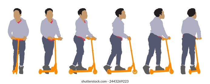 Vector concept conceptual silhouette of a child riding a scooter from different  perspectives isolated on white background. A metaphor for sport and fun, leisure and transportation, lifestyle