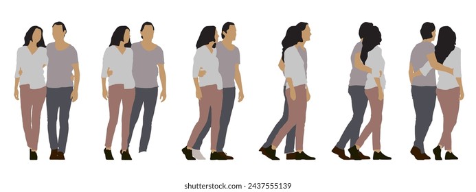 Vector concept conceptual silhouette of a couple walking from different perspectives isolated on white background. A metaphor for love, happiness, relationship, family and lifestyle