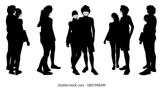 Vector concept conceptual  silhouette couples spending time together while social distancing as means of prevention and protection against coronavirus contamination. A metaphor for the new normal.
