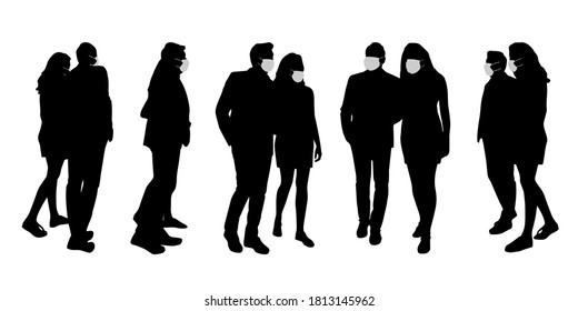Konzeptionell konzipierte Silhouette-Vectorkonzepte vereinen Zeit zusammen, während soziale Distanzierung als Mittel zur Vorbeugung und zum Schutz vor einer Kontamination durch Koronavirus besteht. Eine Metapher für die neue Normalität.