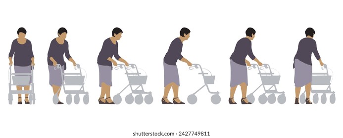 Vektor-Konzept konzeptuelle Silhouette einer älteren Frau mit einem Rollstuhl aus verschiedenen Perspektiven isoliert weißen Hintergrund. Eine Metapher für Alter, Gesundheit, Unterstützung und Rehabilitation.