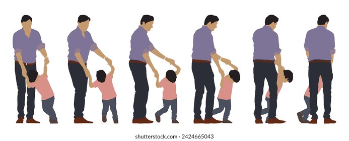 Vector concept conceptual silhouette of a father playing with his  son from different perspectives isolated on white background. A metaphor for parenting, fatherhood, childhood, family and love